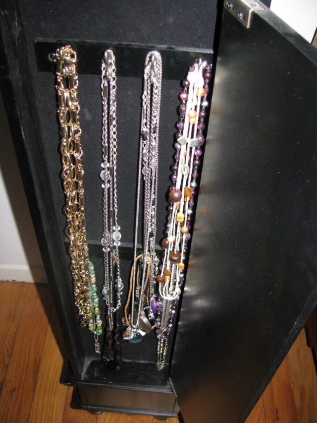long necklaces in the side compartment of my jeweltry armoire