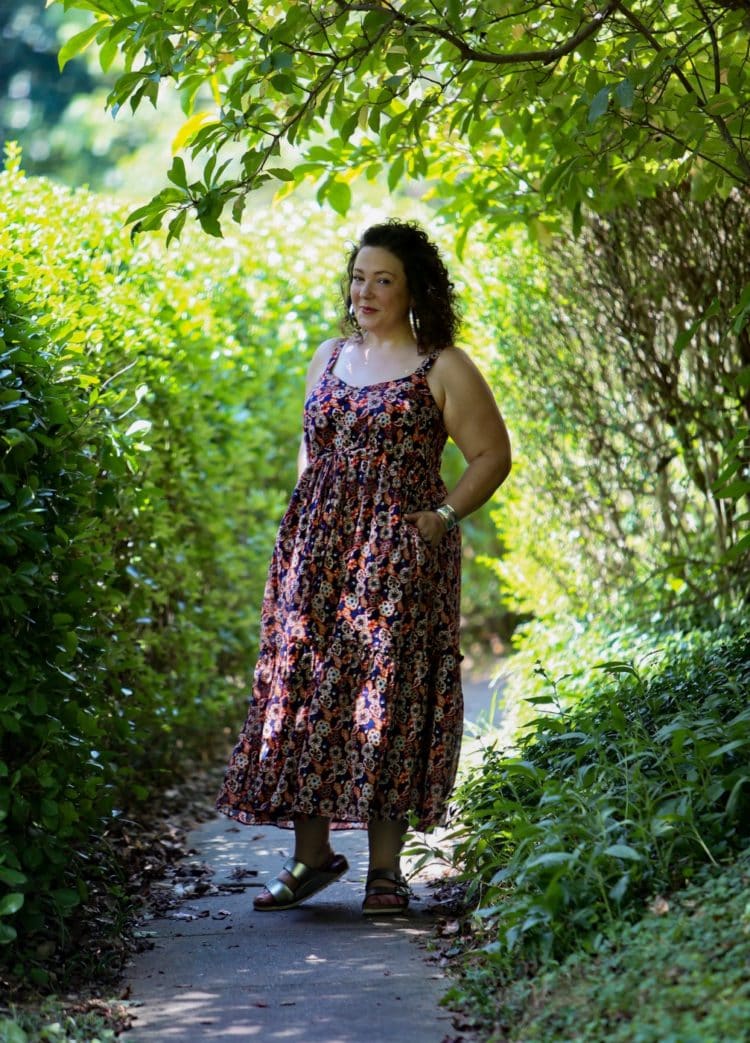 Alison Gary of Wardrobe Oxygen in a purple floral Madewell X Banjanan Sundress