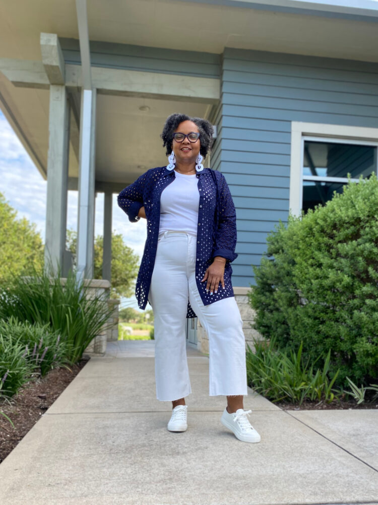 Over 40 woman wearing a navy eyelet tunic | J. Crew Factory for Summer