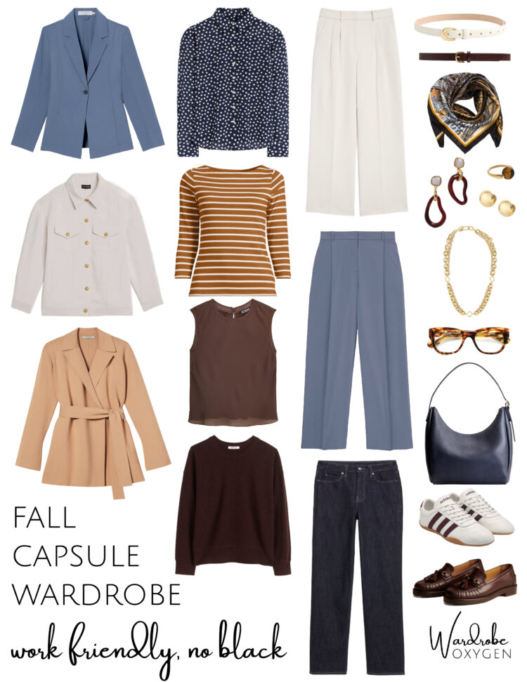 Travel-Friendly & Work-Friendly Fall Capsule Wardrobe: No Black, 1 travel-friendly and work-friendly fall capsule wardrobe for women over 40 by alison gary of wardrobe oxygen