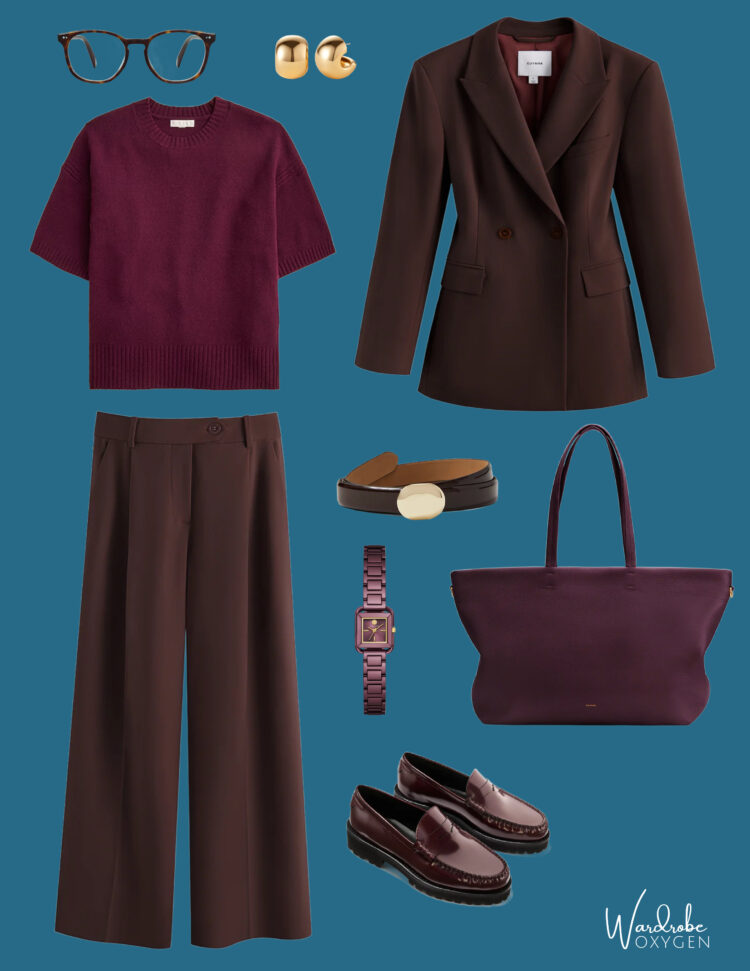 How to Style Chocolate Brown for Fall and Beyond 1 Style Chocolate Brown with Other Autumnal Colors: collage of chocolate brown pantsuit with burgundy and cherry red loafers
