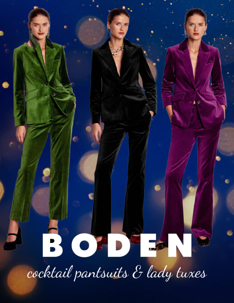 Cocktail Pantsuit Stamford Velvet Blazer from Boden with matching velvet trousers in green, black, and purple