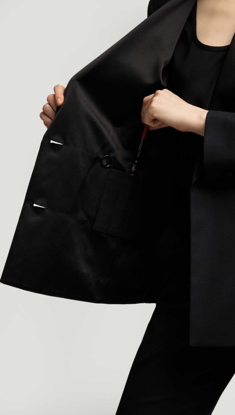 Cocktail Pantsuit interior of the argent tuxedo jacket