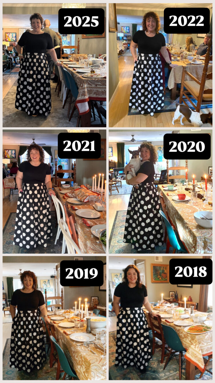 Alison Gary of Wardrobe Oxygen wearing a black and white polka dot maxi skirt ballskirt from Talbots over six different Thanksgivings